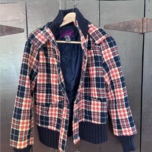 Jack by BB Dakota Navy and Orange Plaid Knit-Trim Blazer